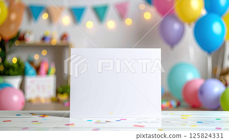 clean white card is prominently displayed on festive table, surrounded by colorful confetti and balloons, creating cheerful atmosphere perfect for invitations or messages clean white card is prominently displayed on festive table, surrounded by colorful confetti and balloons, creating cheerful atmosphere perfect for invitations or messages 125824331