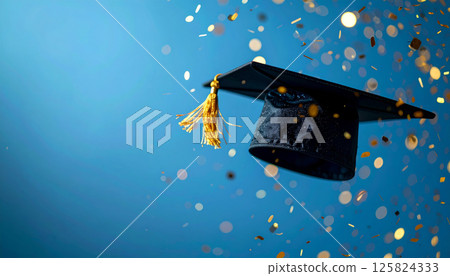 graduation hat floating in mid air surrounded by golden sparkles, creating festive atmosphere against blue background. This captures joy of celebration 125824333