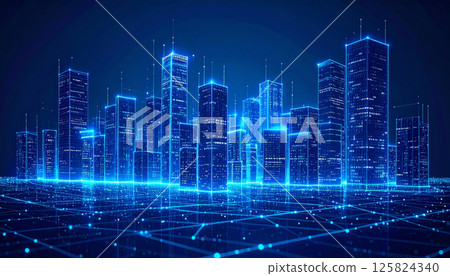futuristic city skyline with glowing blue grid lines and illuminated buildings, representing cyberpunk aesthetic and advanced technology. vibrant lights create dynamic atmosphere futuristic city skyline with glowing blue grid lines and illuminated buildings, representing cyberpunk aesthetic and advanced technology. vibrant lights create dynamic atmosphere 125824340