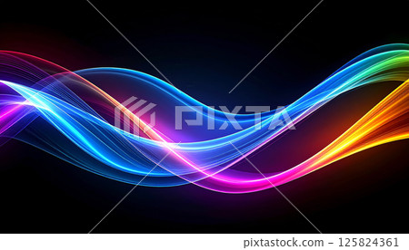 Glowing waves of vibrant colors create mesmerizing display against dark backdrop, evoking sense of movement and energy. soft blur edges enhance ethereal quality of this digital art piece Glowing waves of vibrant colors create mesmerizing display against dark backdrop, evoking sense of movement and energy. soft blur edges enhance ethereal quality of this digital art piece 125824361