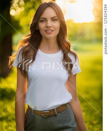 A beautiful woman wearing a white T-shirt in the summer sunshine 125824394