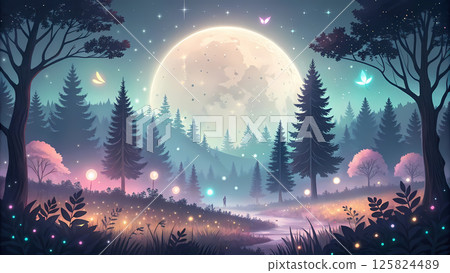 Moonlit forest landscape with glowing plants and butterflies at night Moonlit forest landscape with glowing plants and butterflies at night 125824489