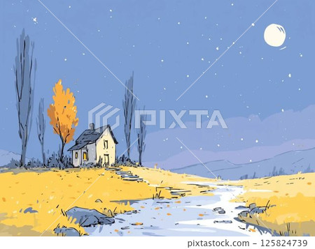 Autumn scenery with a full moon floating in the night sky, watercolor touch, background illustration, scenery, long autumn nights 125824739