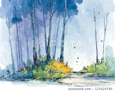 Night forest background, landscape illustration, scenery, watercolor touch 125824740