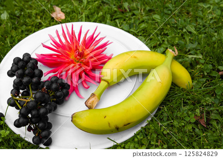 Plate of fruit and flower on grass 125824829