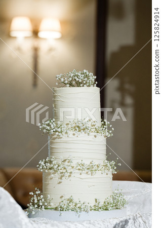 Elegant three-tiered wedding cake adorned with delicate white flowers. Elegant three-tiered wedding cake adorned with delicate white flowers. 125824914
