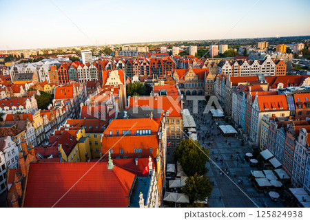 Aerial view of Gdansk at sunset, showcasing the downtown area and St. Mary's Basilica. The historical old city of Gdansk Poland. 125824938