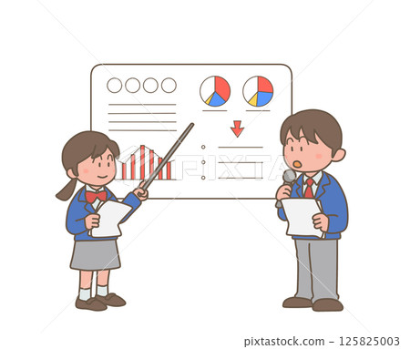 Male and female students making a presentation using diagrams Male and female students making a presentation using diagrams 125825003