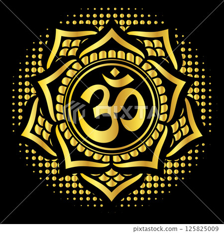 Golden Om Symbol with Intricate Mandala Design on Black Background Golden Om Symbol with Intricate Mandala Design on Black Background 125825009