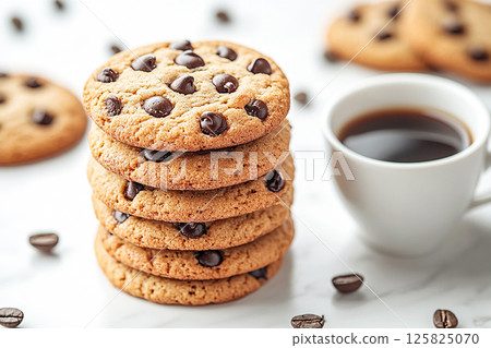 Close-up shot of soft and chewy chocolate chip cookies stacked on top of each other, perfect for advertisements related to homemade baking and dessert recipes. Close-up shot of soft and chewy chocolate chip cookies stacked on top of each other, perfect for advertisements related to homemade baking and dessert recipes. 125825070