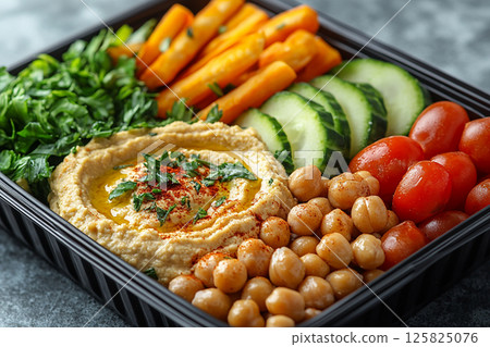 Plant based lunch box with hummus, roasted chickpeas, fresh veggie sticks and whole wheat pita bread on. Plant based lunch box with hummus, roasted chickpeas, fresh veggie sticks and whole wheat pita bread on. 125825076