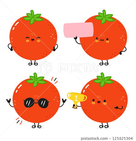 Four adorable cartoon Tomatoes displaying different expressions with props on a white background. Four adorable cartoon Tomatoes displaying different expressions with props on a white background. 125825304