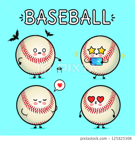 A charming cartoon illustration of cute baseball characters with different facial expressions and props. A charming cartoon illustration of cute baseball characters with different facial expressions and props. 125825306