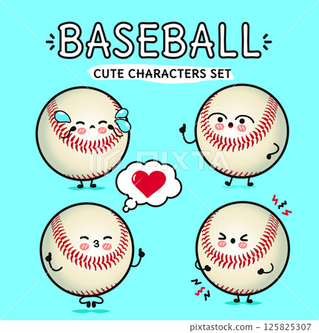 Charming cartoon baseball characters convey a range of emotions against a bright and clean background. Charming cartoon baseball characters convey a range of emotions against a bright and clean background. 125825307