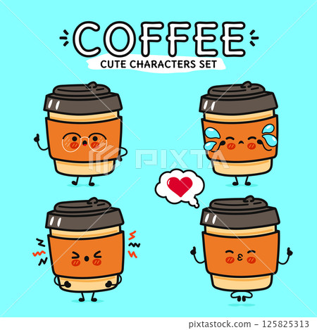 A cute set of cartoon coffee cups with various emotional expressions on a vibrant blue background. A cute set of cartoon coffee cups with various emotional expressions on a vibrant blue background. 125825313