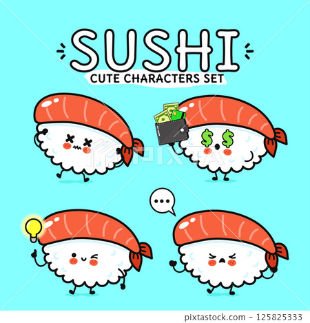 Delightful cartoon sushi characters express a range of emotions, perfect for fun designs and food themes. 125825333