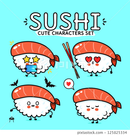 A charming set of illustrated sushi characters with various expressions and accessories on a blue backdrop. A charming set of illustrated sushi characters with various expressions and accessories on a blue backdrop. 125825334