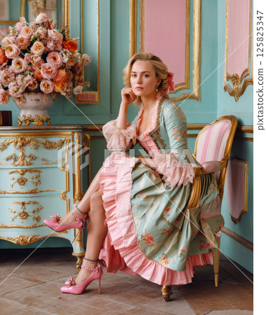 Graceful lady in floral Rococo Revival dress with pink heels seated in pastel salon 125825347