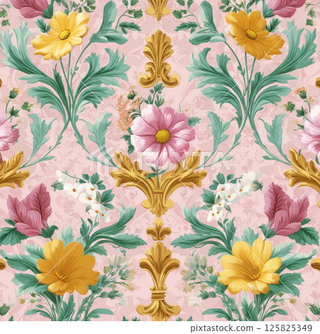 Seamless Rococo pattern with golden yellow and pink flowers on pastel pink backdrop 125825349