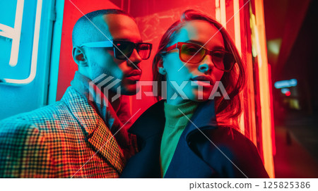 Y2K stylish couple in futuristic sunglasses posing under colorful urban neon lights 125825386