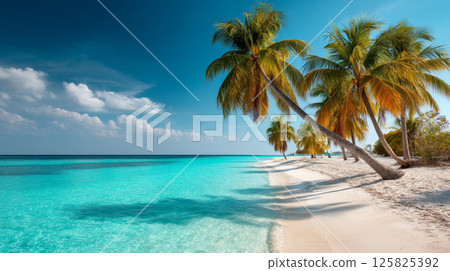 Tropical paradise beach with turquoise water and leaning palm trees under clear sky 125825392