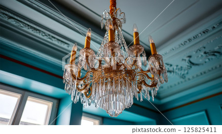 Luxurious Rococo Revival crystal chandelier with golden frame hanging from a teal ornate ceiling 125825411
