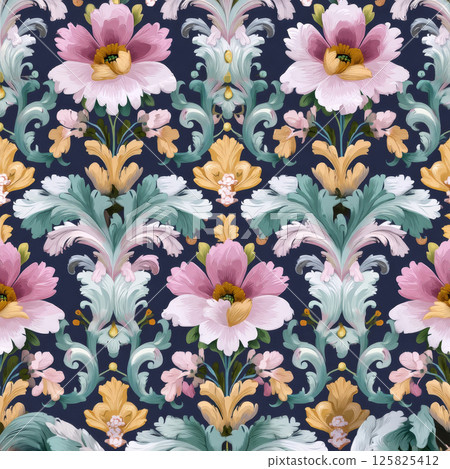 Baroque seamless floral pattern with large pink daisies and acanthus leaves on navy 125825412