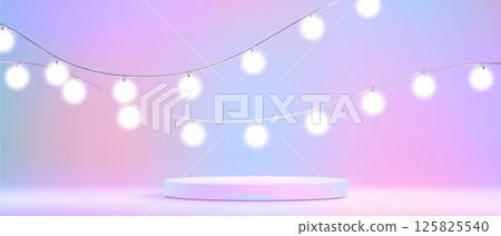 Cylinder podium stage with string light bulbs 125825540