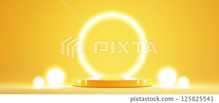 Round podium stage with glowing neon ring Round podium stage with glowing neon ring 125825541