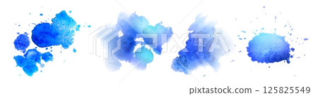 Blue watercolor paint splatter stains set 125825549