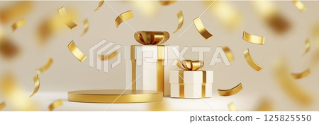 Golden gift box podium with falling confetti 125825550