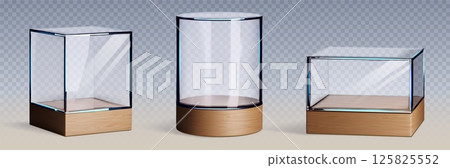 Glass museum display cases with wood bases 125825552