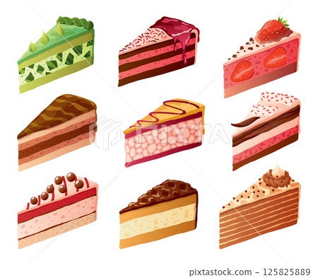 Cake slice. Colorful sweet cakes pieces set isolated on white. Cafe dessert menu, isometric hand drawn icon. Cute cartoon vector illustration Cake slice. Colorful sweet cakes pieces set isolated on white. Cafe dessert menu, isometric hand drawn icon. Cute cartoon vector illustration 125825889