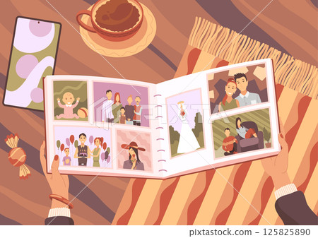 Family photo album on table. Woman hands holding old photographs. Photography with happy people. Good memory. Vector illustration in cartoon style Family photo album on table. Woman hands holding old photographs. Photography with happy people. Good memory. Vector illustration in cartoon style 125825890