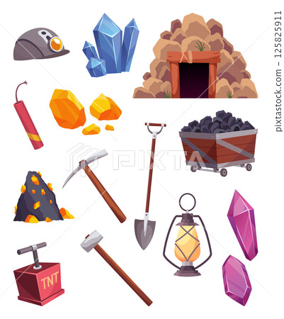 Mining elements. Game mining props icons set. Assets items in cartoon style, objects for ui or level design. Treasure mining. Vector illustration 125825911
