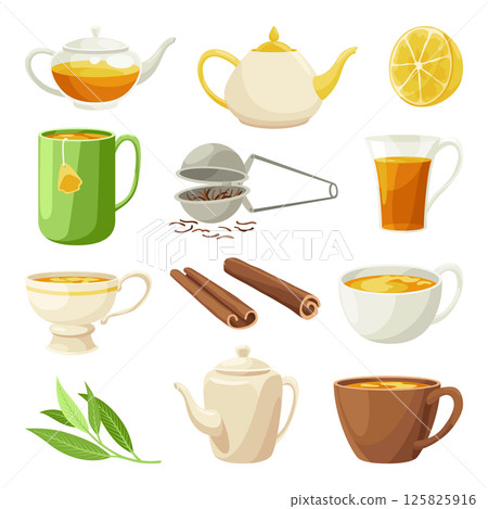 Tea brewing icon set. Accessories for tea party. Teapots, teacups, and infusers for traditional and cozy tea drinking. Aromatic hot drink. Flat vector illustration isolated on white background 125825916