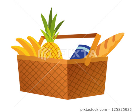 Necessary element of picnic in city park, ready-to-eat food and drinks in wicker basket. Cartoon vector illustration in flat style Necessary element of picnic in city park, ready-to-eat food and drinks in wicker basket. Cartoon vector illustration in flat style 125825925