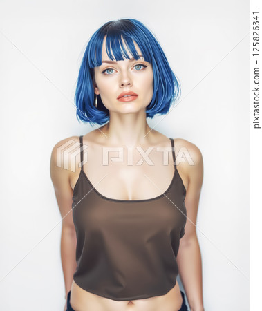 身穿吊帶背心、頭髮呈現淺藍色的年輕女子 125826341