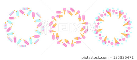 Pastel ice cream and popsicle wreaths in pink and blue shades create a bright, fun summer pattern ideal for party invitations and frozen dessert themes Pastel ice cream and popsicle wreaths in pink and blue shades create a bright, fun summer pattern ideal for party invitations and frozen dessert themes 125826471