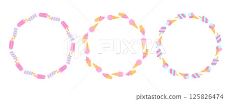 Playful pastel wreath with pink ice cream cones, blue popsicles, and creamy scoops, ideal for fun summer treats, candy-themed backgrounds, and party decor Playful pastel wreath with pink ice cream cones, blue popsicles, and creamy scoops, ideal for fun summer treats, candy-themed backgrounds, and party decor 125826474