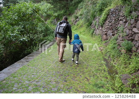 Father and son hiking on cobblestone path in lush green forest 125826488