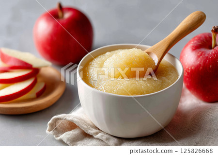 Smooth applesauce in white bowl with fresh apples 125826668