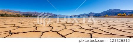 Dried lake bed under clear blue sky, showcasing cracked earth patterns Dried lake bed under clear blue sky, showcasing cracked earth patterns 125826813