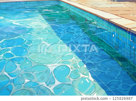 Terracotta tile poolside and crystal clear blue water with reflections of light and ripples on the surface Terracotta tile poolside and crystal clear blue water with reflections of light and ripples on the surface 125826987