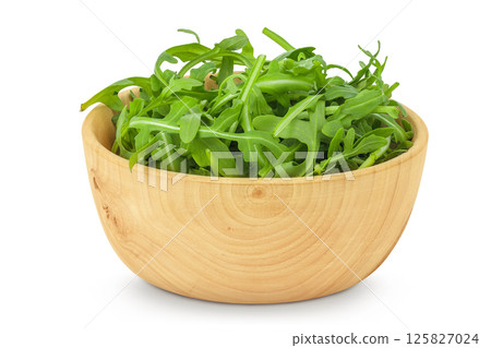 Heap of green fresh rucola or arugula leaf in wooden bowl isolated on white background 125827024