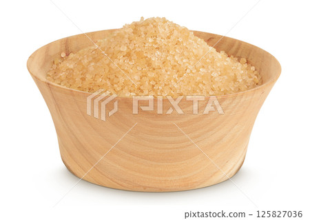 The brown sugar in wooden bowl isolated on white background The brown sugar in wooden bowl isolated on white background 125827036