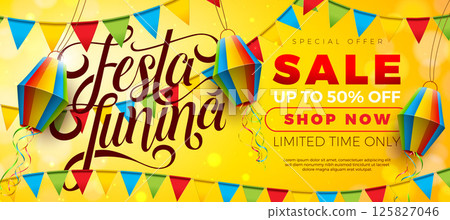 Festa Junina Sale Promotional Business Illustration with Paper Lantern, Party Flag and Typography Letter on Yellow Background. Vector Festa de Sao Joao Special Offer Illustration for Coupon, Voucher 125827046