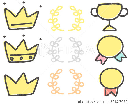 Hand drawn cute ranking set, crowns, laurels, trophies and medals Hand drawn cute ranking set, crowns, laurels, trophies and medals 125827081