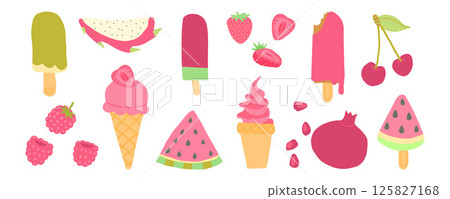 Vivid red and pink ice cream, popsicles, and berries including watermelon, cherry, and raspberry deliver bold, fruity vibes for summer sweets 125827168