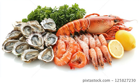gourmet seafood platter featuring fresh oysters, succulent shrimp, and a vibrant lobster. Perfect for elegant dining or special gatherings. 125827230